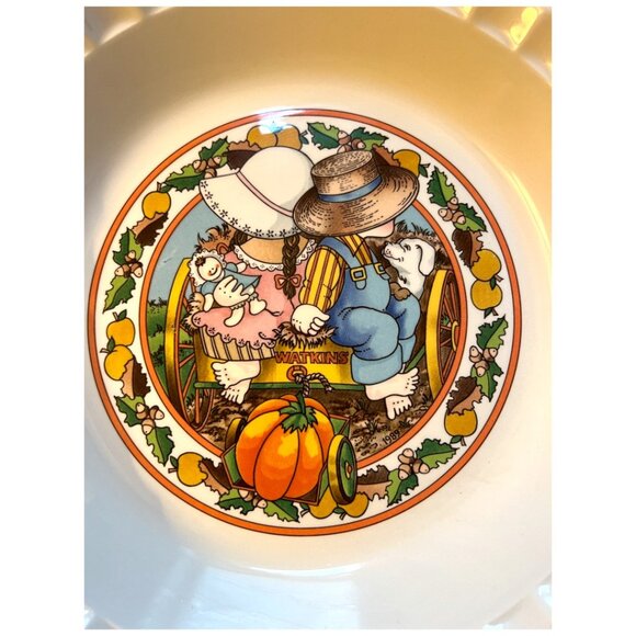 Vtg 1989 WATKINS Country Kids Pumpkin Pie Plate w/ Recipe 10.5" diameter x 2" h - Picture 2 of 11